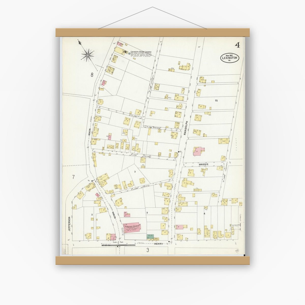 Old map wall art mockup — magnetic wood frame on white wall — Sanborn Fire Insurance Map from Lexington, Independent Cities, Virginia (1907), Sheet #0004