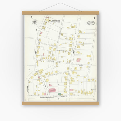 Old map wall art mockup — magnetic wood frame on white wall — Sanborn Fire Insurance Map from Lexington, Independent Cities, Virginia (1907), Sheet #0004