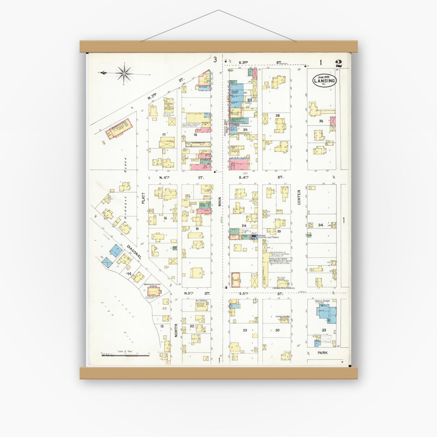 Old map wall art mockup — magnetic wood frame on white wall — Sanborn Fire Insurance Map from Lansing, Allamakee County, Iowa (1902), Sheet #0002