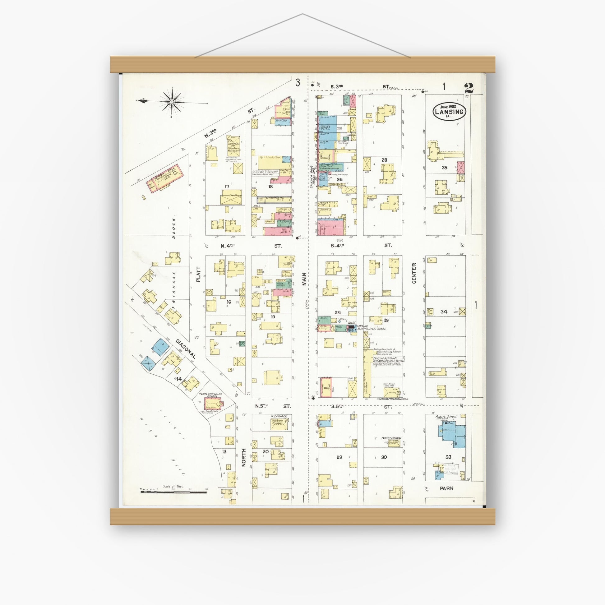 Old map wall art mockup — magnetic wood frame on white wall — Sanborn Fire Insurance Map from Lansing, Allamakee County, Iowa (1902), Sheet #0002