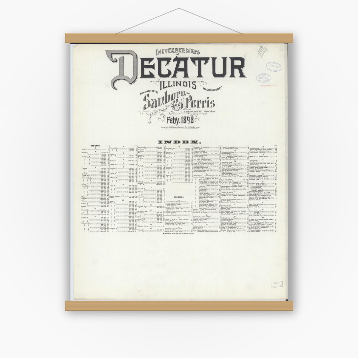 Old map wall art mockup — magnetic wood frame on white wall — Sanborn Fire Insurance Map from Decatur, Macon County, Illinois (1898), Sheet #0001