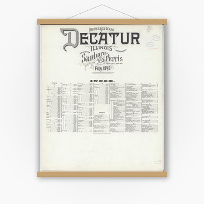 Old map wall art mockup — magnetic wood frame on white wall — Sanborn Fire Insurance Map from Decatur, Macon County, Illinois (1898), Sheet #0001