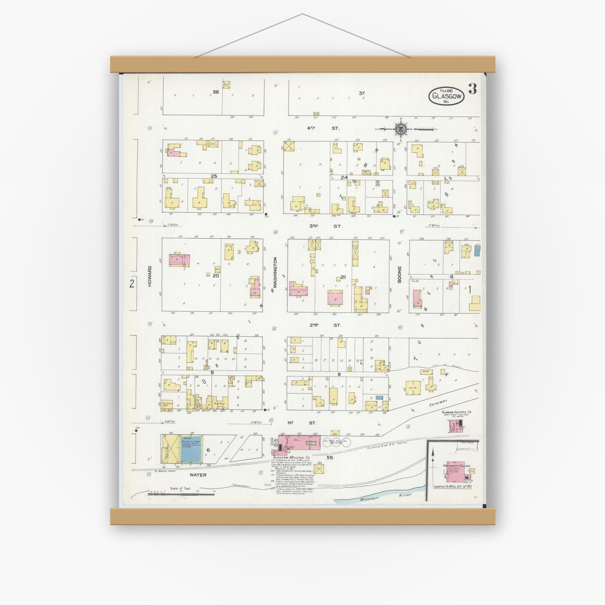 Old map wall art mockup — magnetic wood frame on white wall — Sanborn Fire Insurance Map from Glasgow, Howard County, Missouri (1910), Sheet #0003