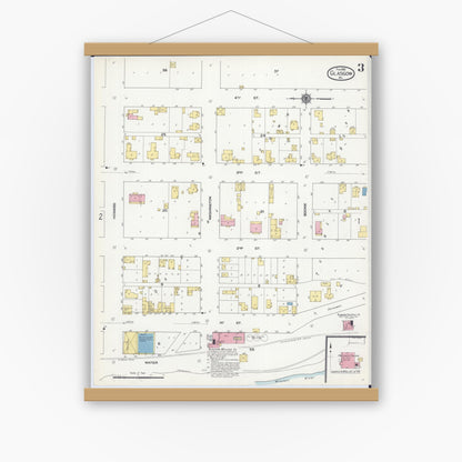 Old map wall art mockup — magnetic wood frame on white wall — Sanborn Fire Insurance Map from Glasgow, Howard County, Missouri (1910), Sheet #0003