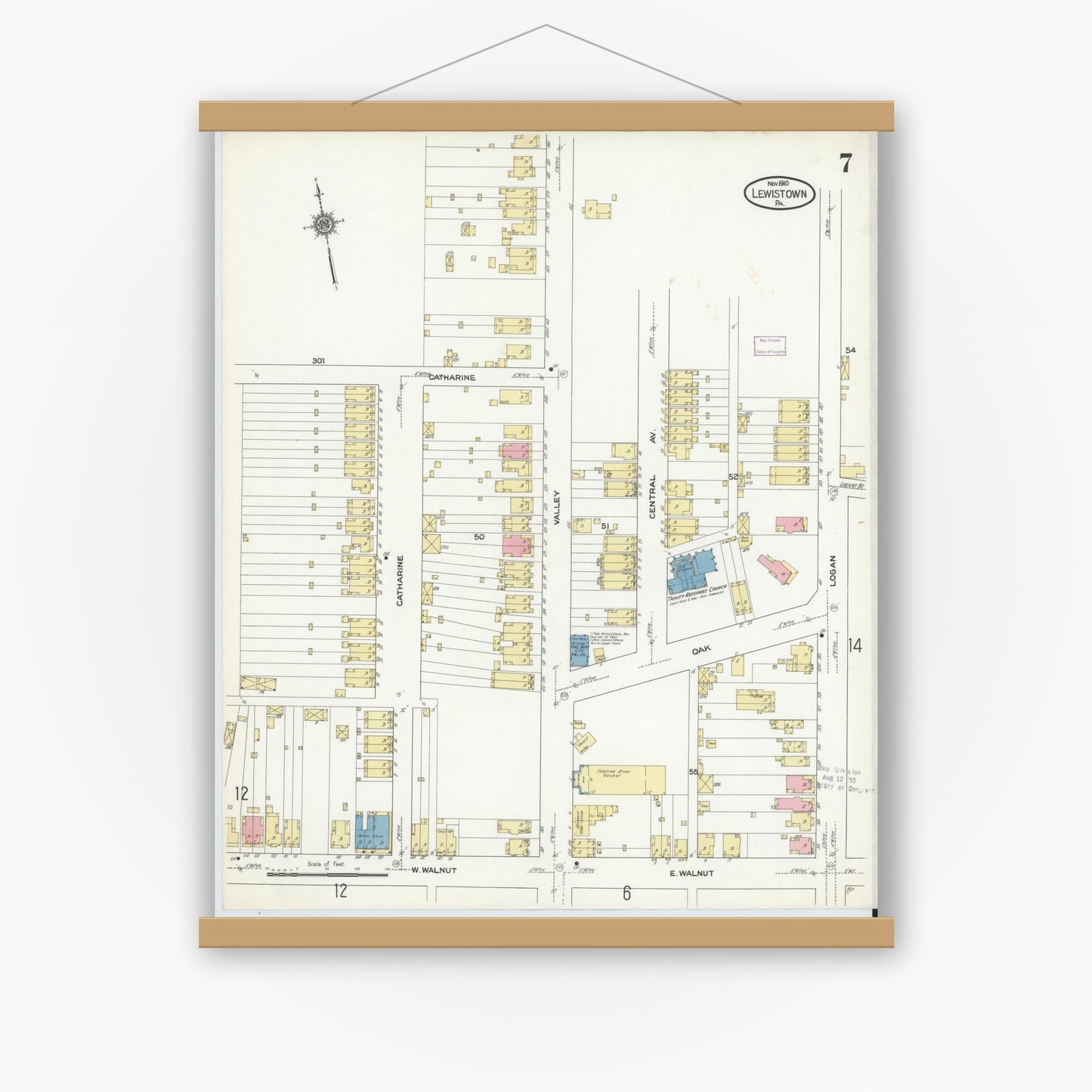 Old map wall art mockup — magnetic wood frame on white wall — Sanborn Fire Insurance Map from Lewistown, Mifflin County, Pennsylvania (1910), Sheet #0007