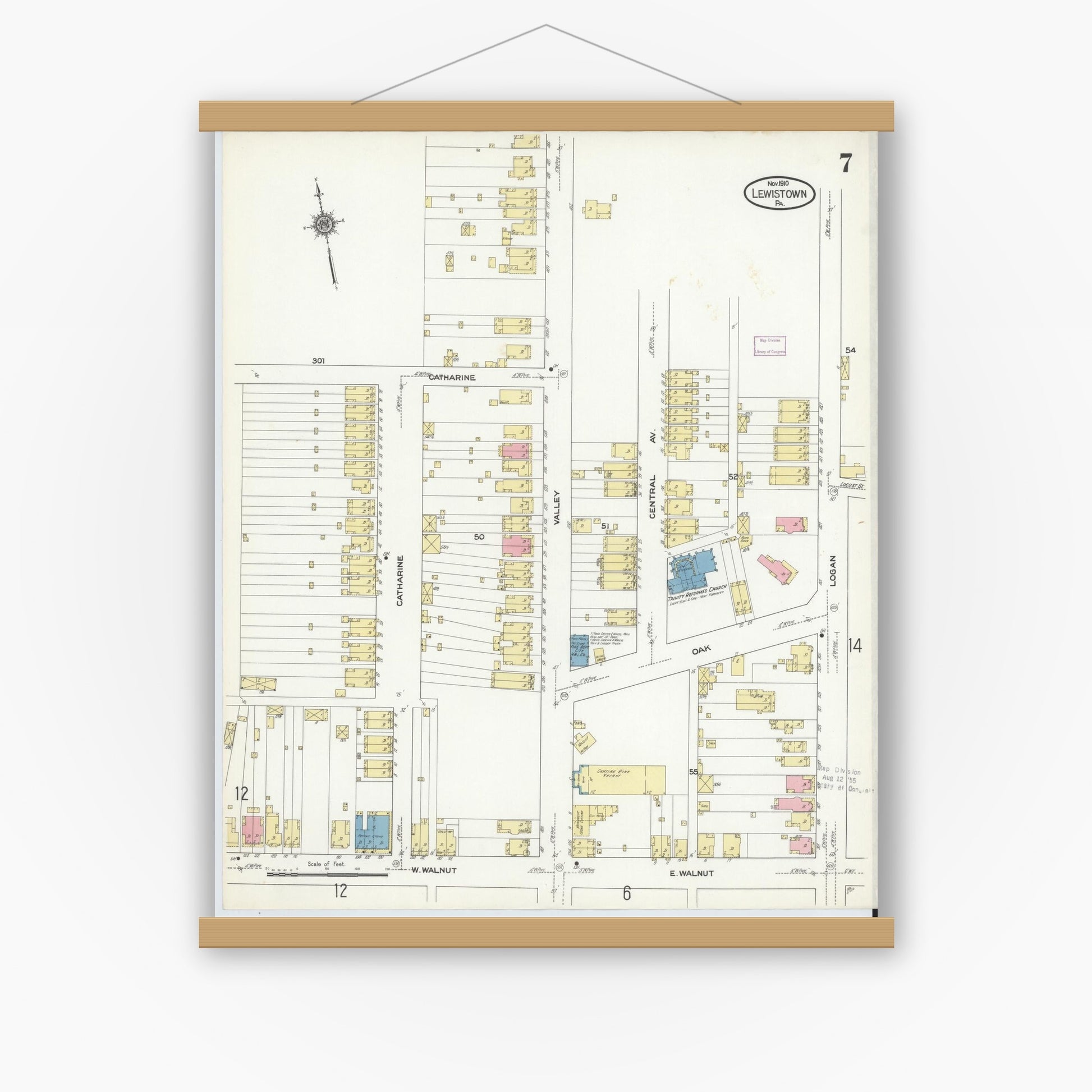 Old map wall art mockup — magnetic wood frame on white wall — Sanborn Fire Insurance Map from Lewistown, Mifflin County, Pennsylvania (1910), Sheet #0007