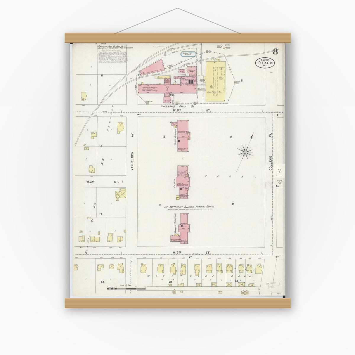 Old map wall art mockup — magnetic wood frame on white wall — Sanborn Fire Insurance Map from Dixon, Lee County, Illinois (1897), Sheet #0008