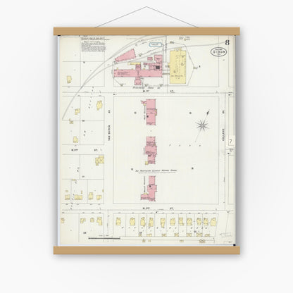 Old map wall art mockup — magnetic wood frame on white wall — Sanborn Fire Insurance Map from Dixon, Lee County, Illinois (1897), Sheet #0008