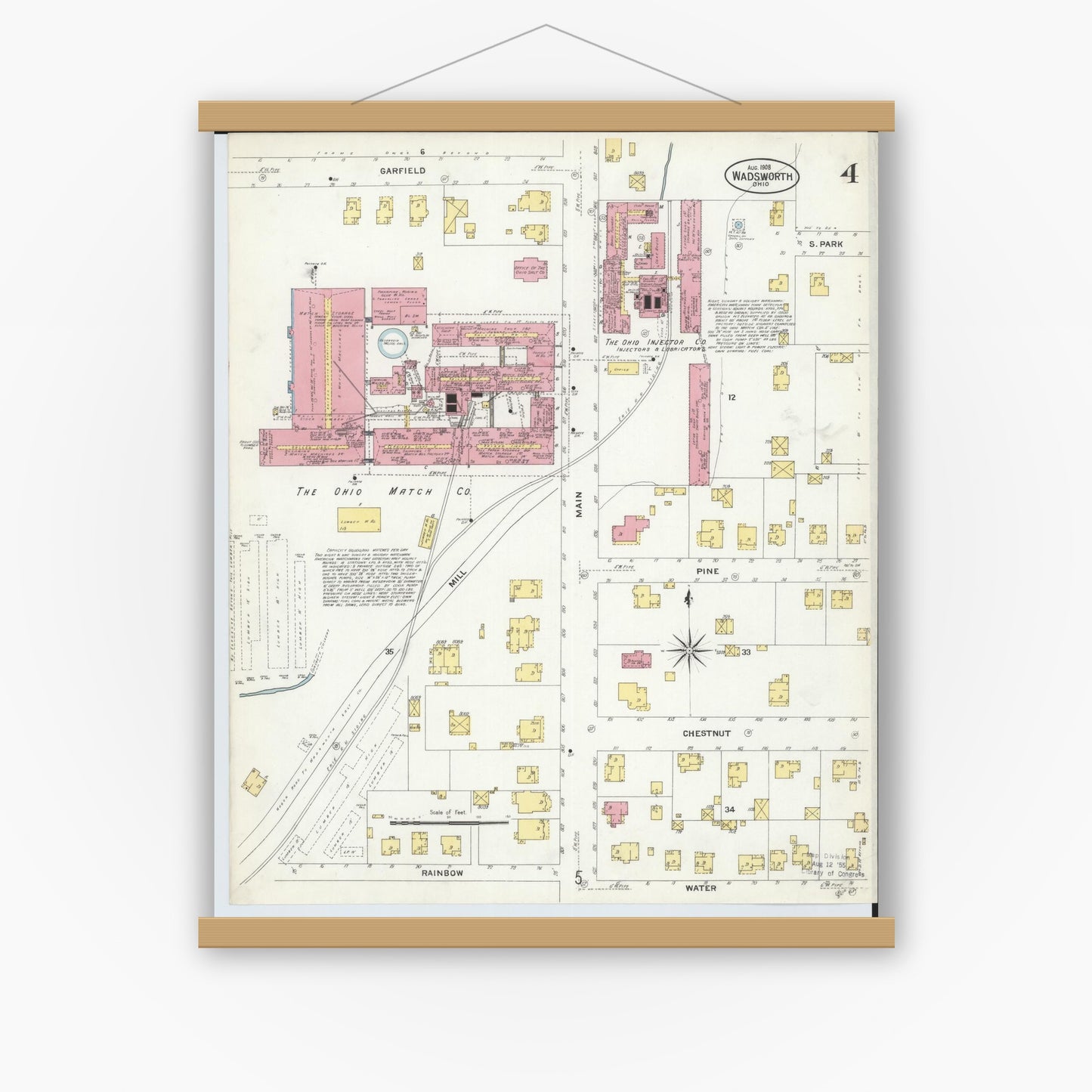 Old map wall art mockup — magnetic wood frame on white wall — Sanborn Fire Insurance Map from Wadsworth, Medina County, Ohio (1908), Sheet #0004