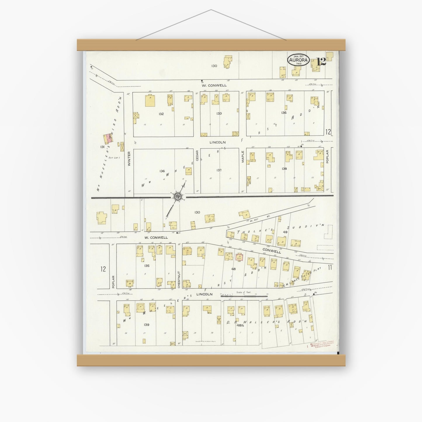 Old map wall art mockup — magnetic wood frame on white wall — Sanborn Fire Insurance Map from Aurora, Dearborn County, Indiana (1917), Sheet #0012
