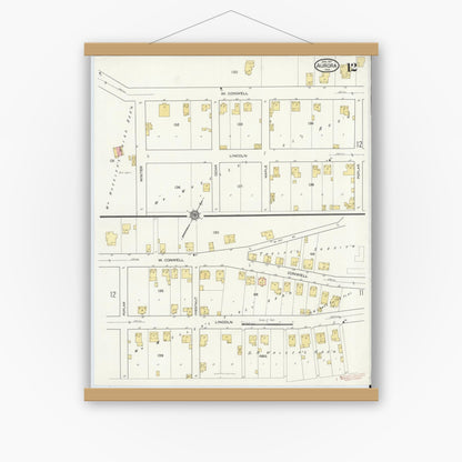 Old map wall art mockup — magnetic wood frame on white wall — Sanborn Fire Insurance Map from Aurora, Dearborn County, Indiana (1917), Sheet #0012