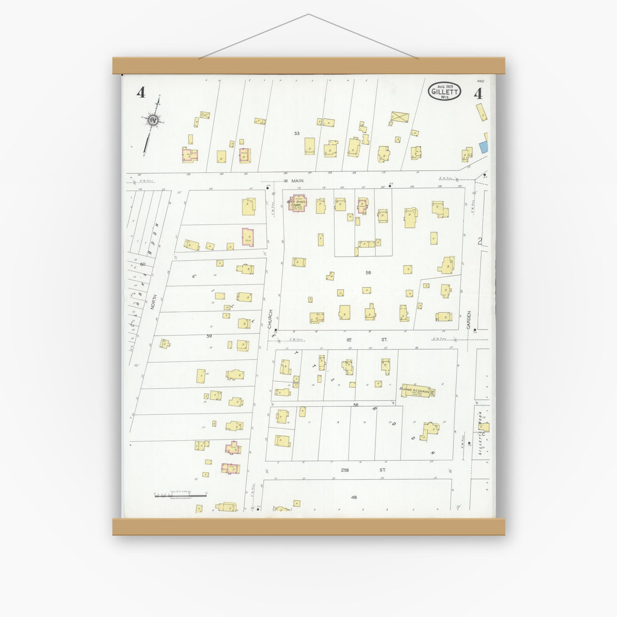 Old map wall art mockup — magnetic wood frame on white wall — Sanborn Fire Insurance Map from Gillett, Oconto County, Wisconsin (1929), Sheet #0004