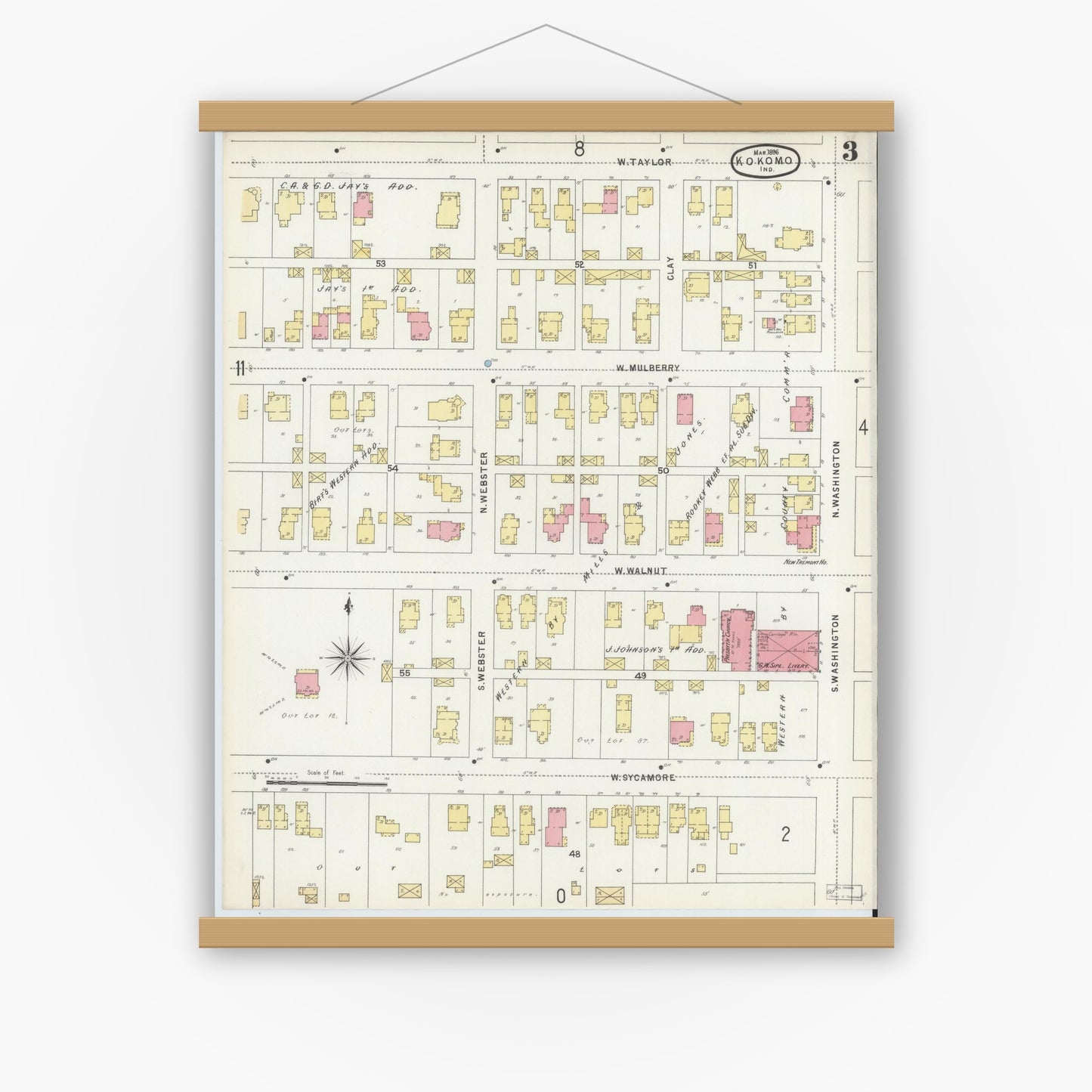 Old map wall art mockup — magnetic wood frame on white wall — Sanborn Fire Insurance Map from Kokomo, Howard County, Indiana (1896), Sheet #0003