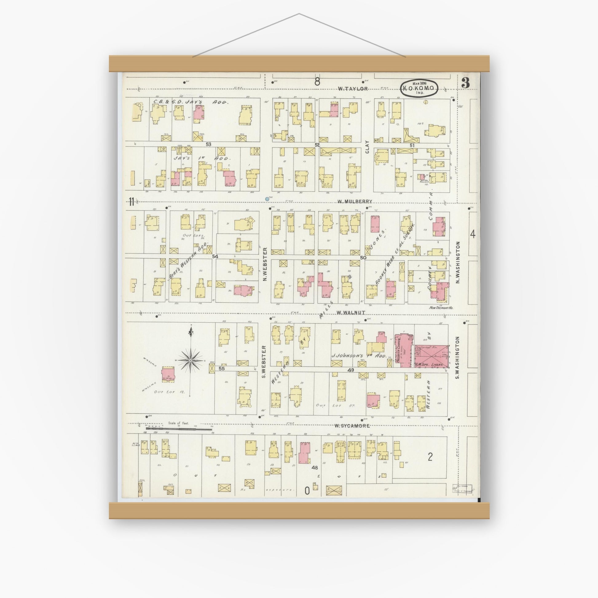 Old map wall art mockup — magnetic wood frame on white wall — Sanborn Fire Insurance Map from Kokomo, Howard County, Indiana (1896), Sheet #0003