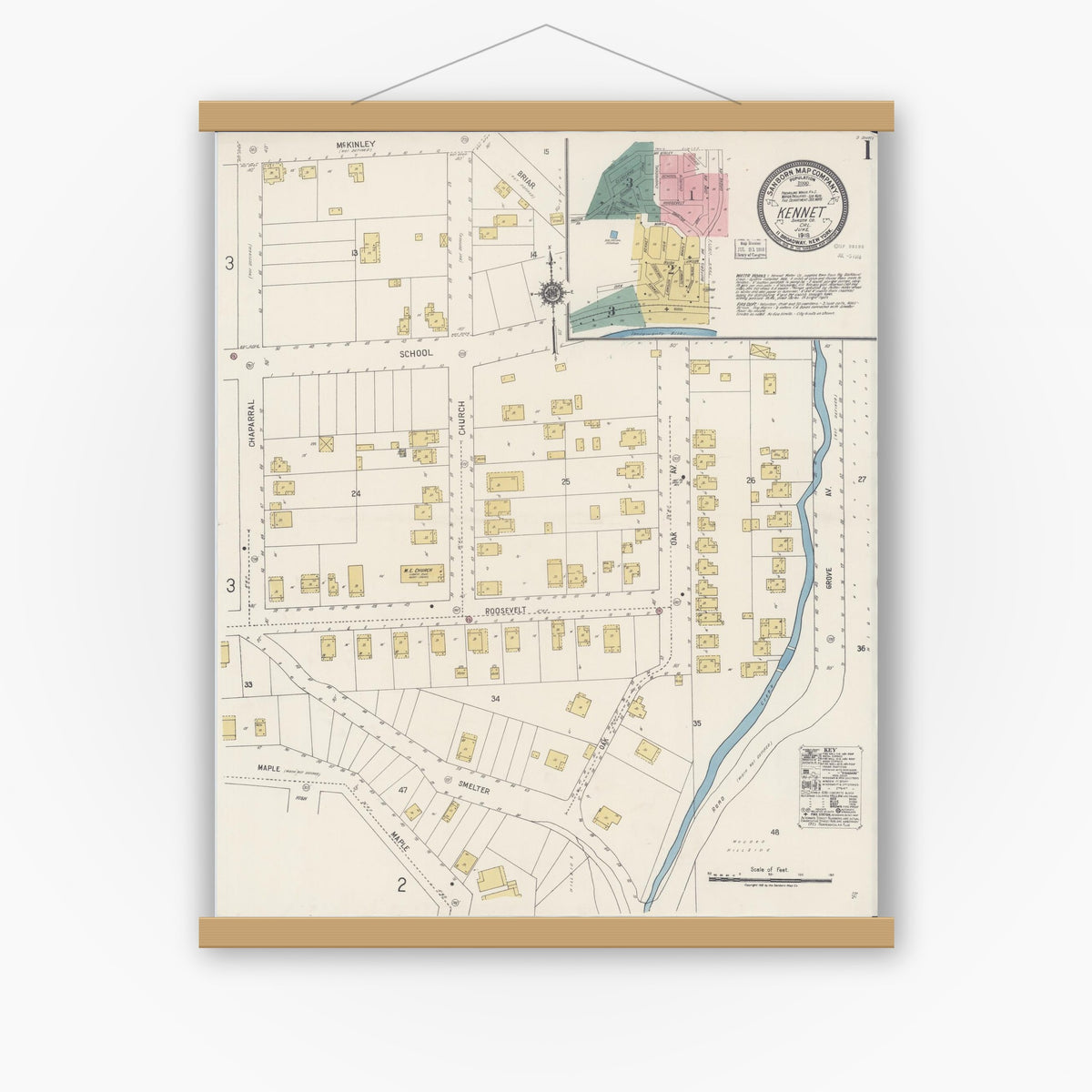 Old map wall art mockup — magnetic wood frame on white wall — Sanborn Fire Insurance Map from Kennett, Shasta County, California (1918) - Complete Map Set