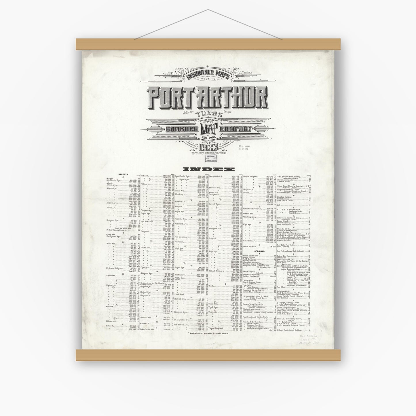 Old map wall art mockup — magnetic wood frame on white wall — Sanborn Fire Insurance Map from Port Arthur, Jefferson County, Texas (1923), Sheet #0001