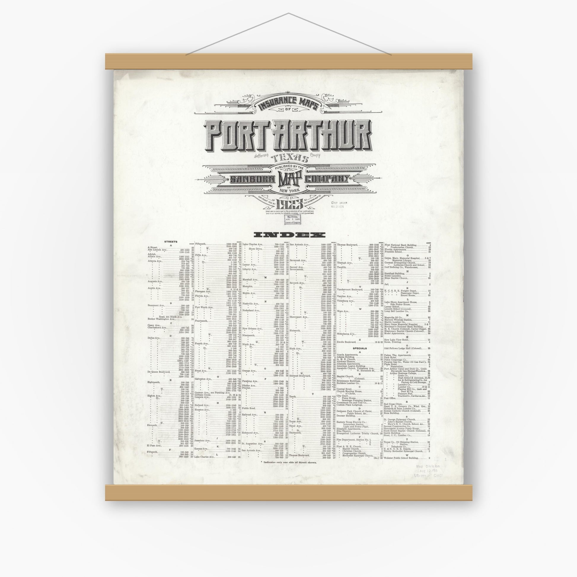 Old map wall art mockup — magnetic wood frame on white wall — Sanborn Fire Insurance Map from Port Arthur, Jefferson County, Texas (1923), Sheet #0001