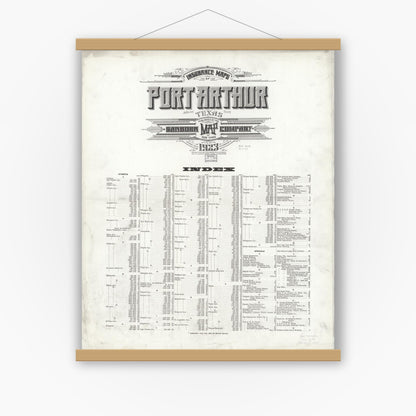 Old map wall art mockup — magnetic wood frame on white wall — Sanborn Fire Insurance Map from Port Arthur, Jefferson County, Texas (1923), Sheet #0001