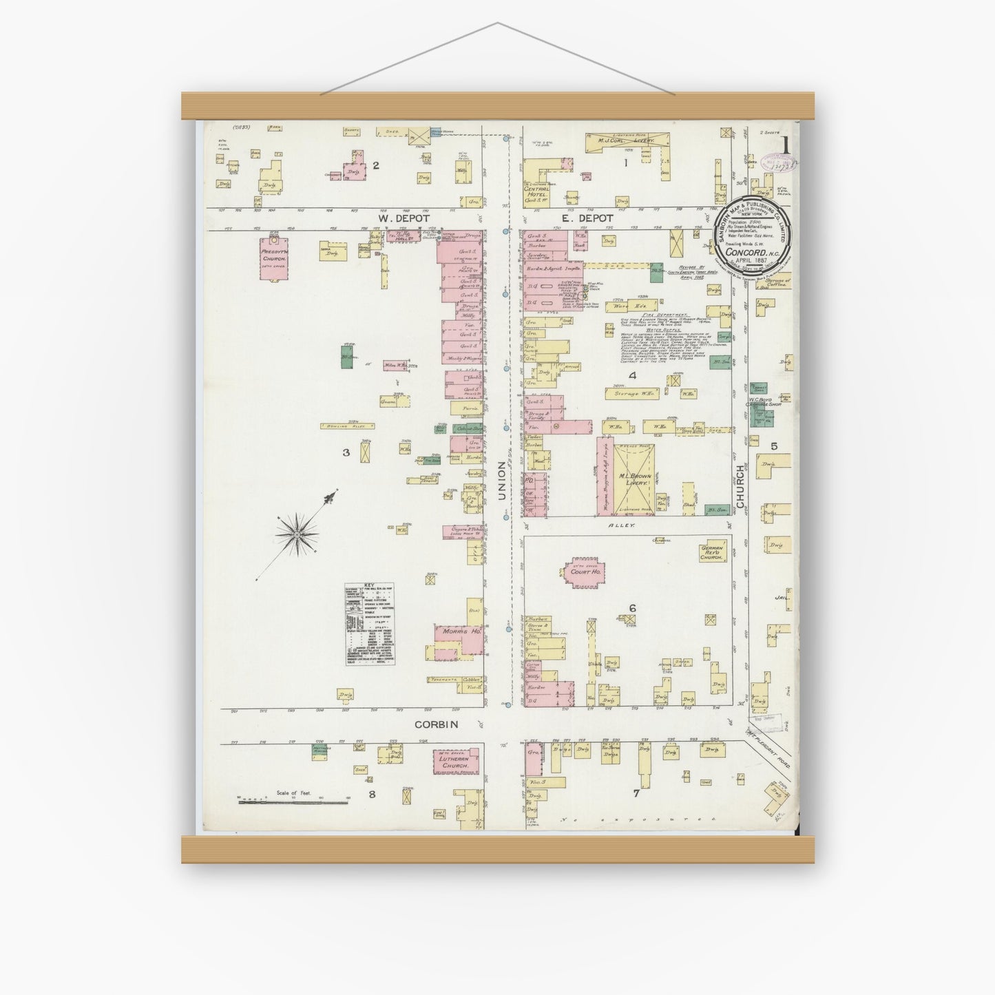 Old map wall art mockup — magnetic wood frame on white wall — Sanborn Fire Insurance Map from Concord, Cabarrus County, North Carolina (1887) - Complete Map Set