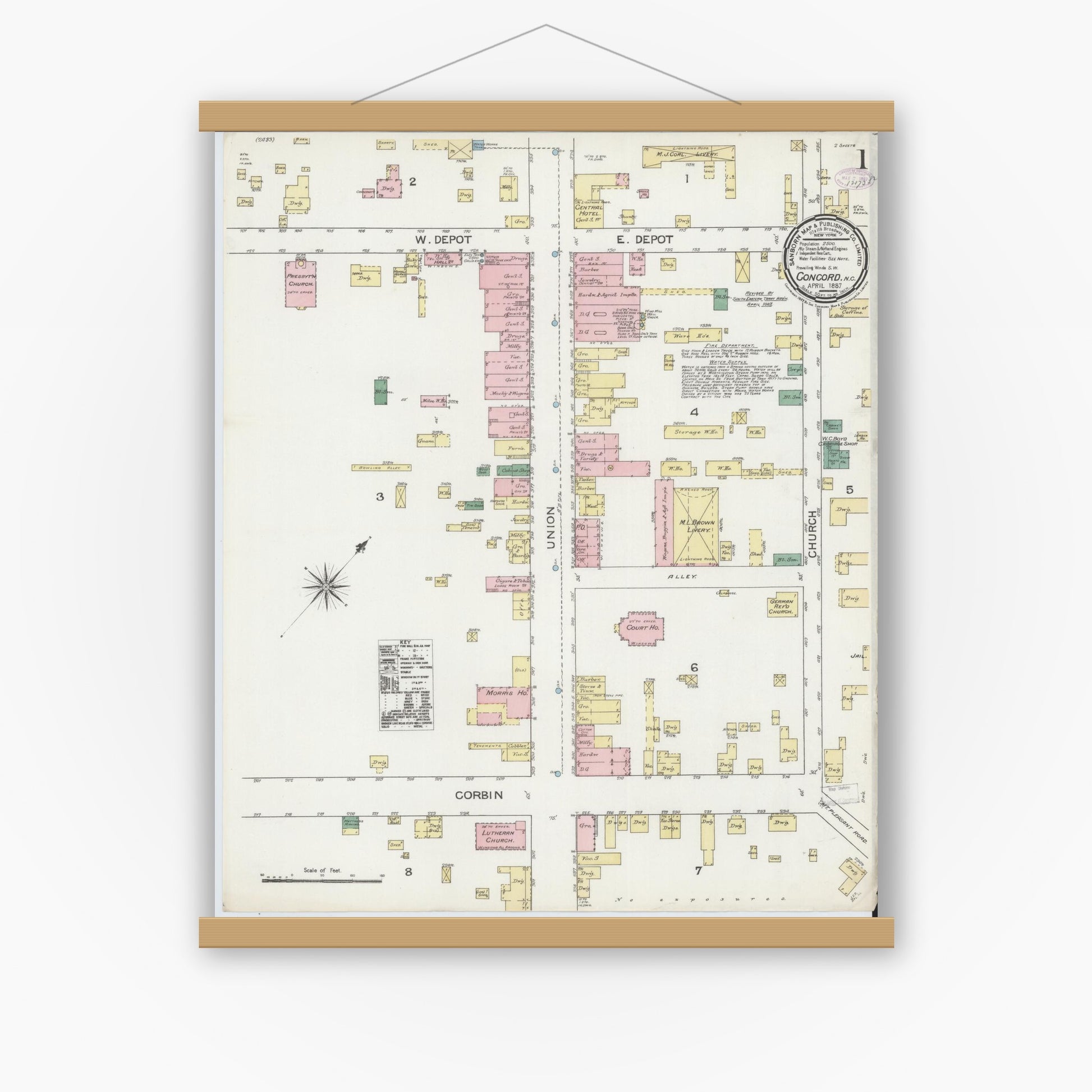 Old map wall art mockup — magnetic wood frame on white wall — Sanborn Fire Insurance Map from Concord, Cabarrus County, North Carolina (1887) - Complete Map Set