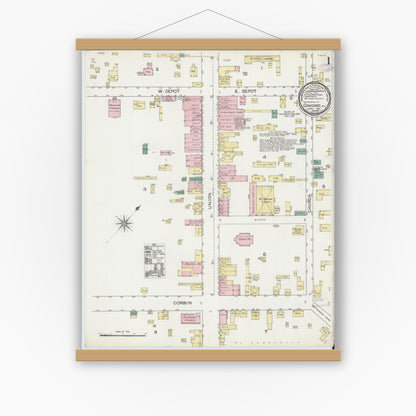 Old map wall art mockup — magnetic wood frame on white wall — Sanborn Fire Insurance Map from Concord, Cabarrus County, North Carolina (1887) - Complete Map Set