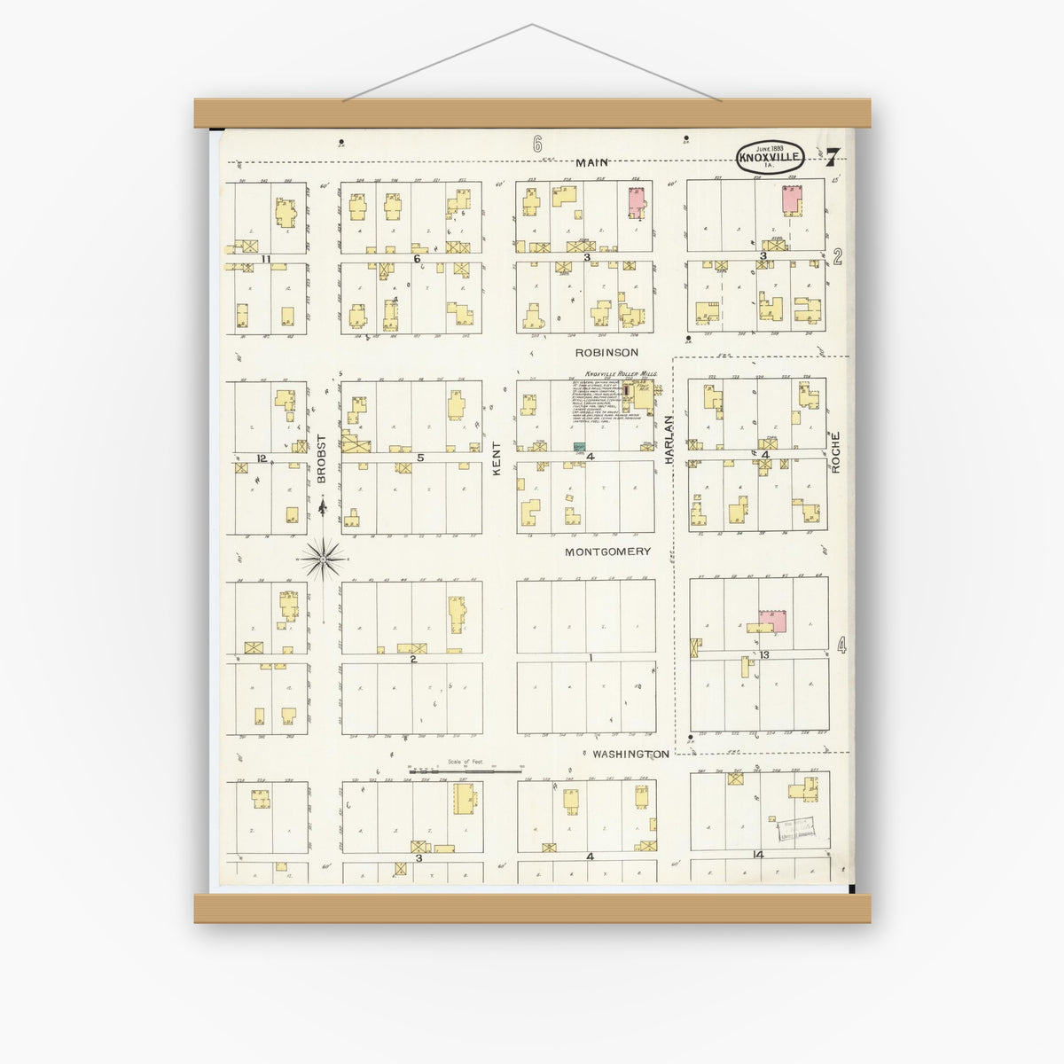 Old map wall art mockup — magnetic wood frame on white wall — Sanborn Fire Insurance Map from Knoxville, Marion County, Iowa (1893), Sheet #0007