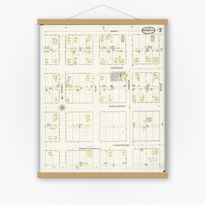 Old map wall art mockup — magnetic wood frame on white wall — Sanborn Fire Insurance Map from Knoxville, Marion County, Iowa (1893), Sheet #0007