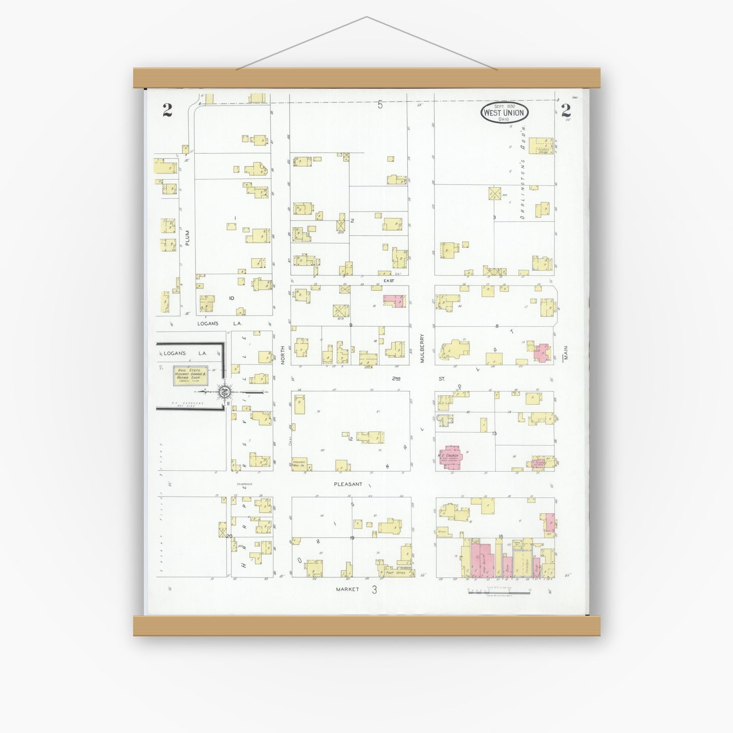 Old map wall art mockup — magnetic wood frame on white wall — Sanborn Fire Insurance Map from West Union, Adams County, Ohio (1930), Sheet #0002
