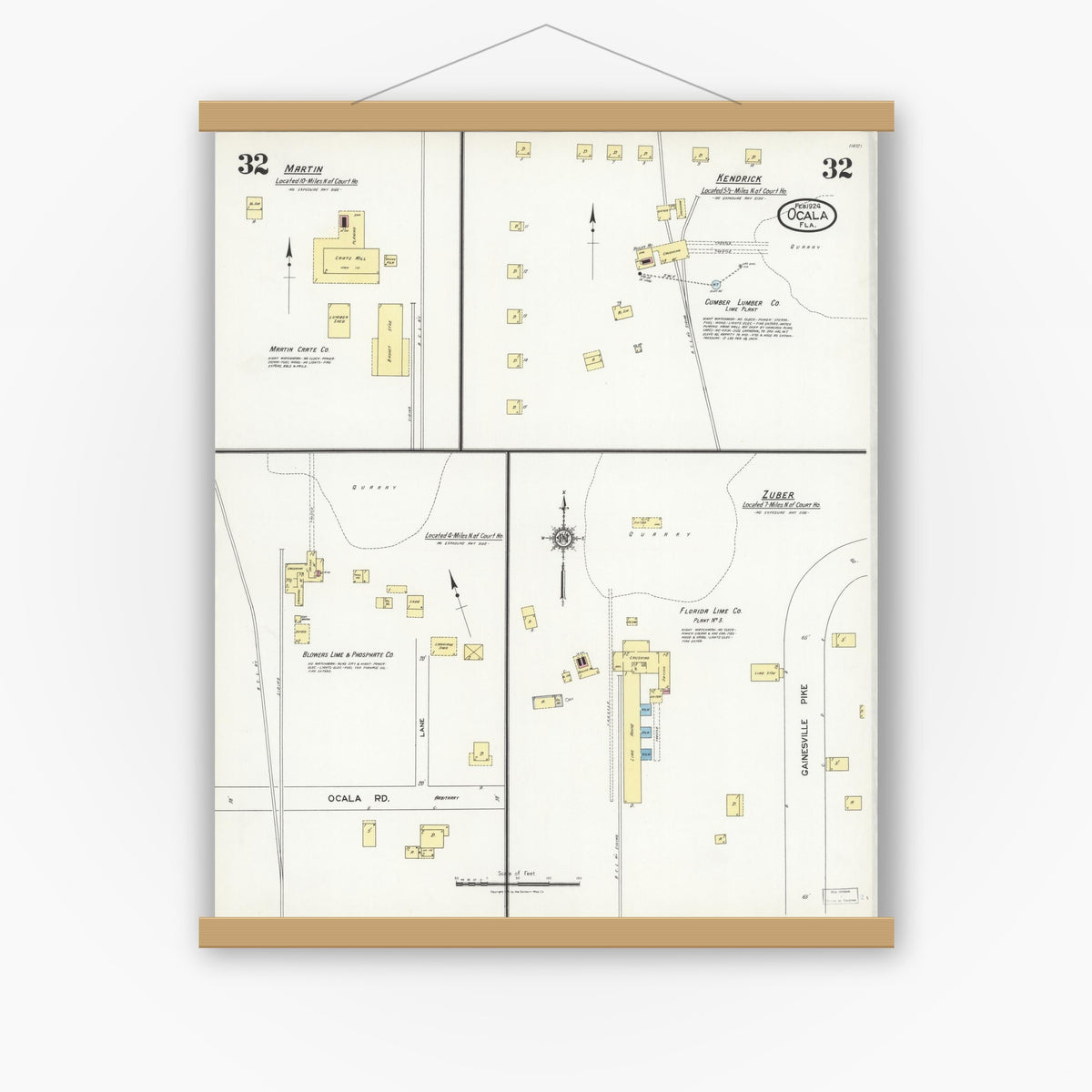 Old map wall art mockup — magnetic wood frame on white wall — Sanborn Fire Insurance Map from Ocala, Marion County, Florida (1924), Sheet #0032