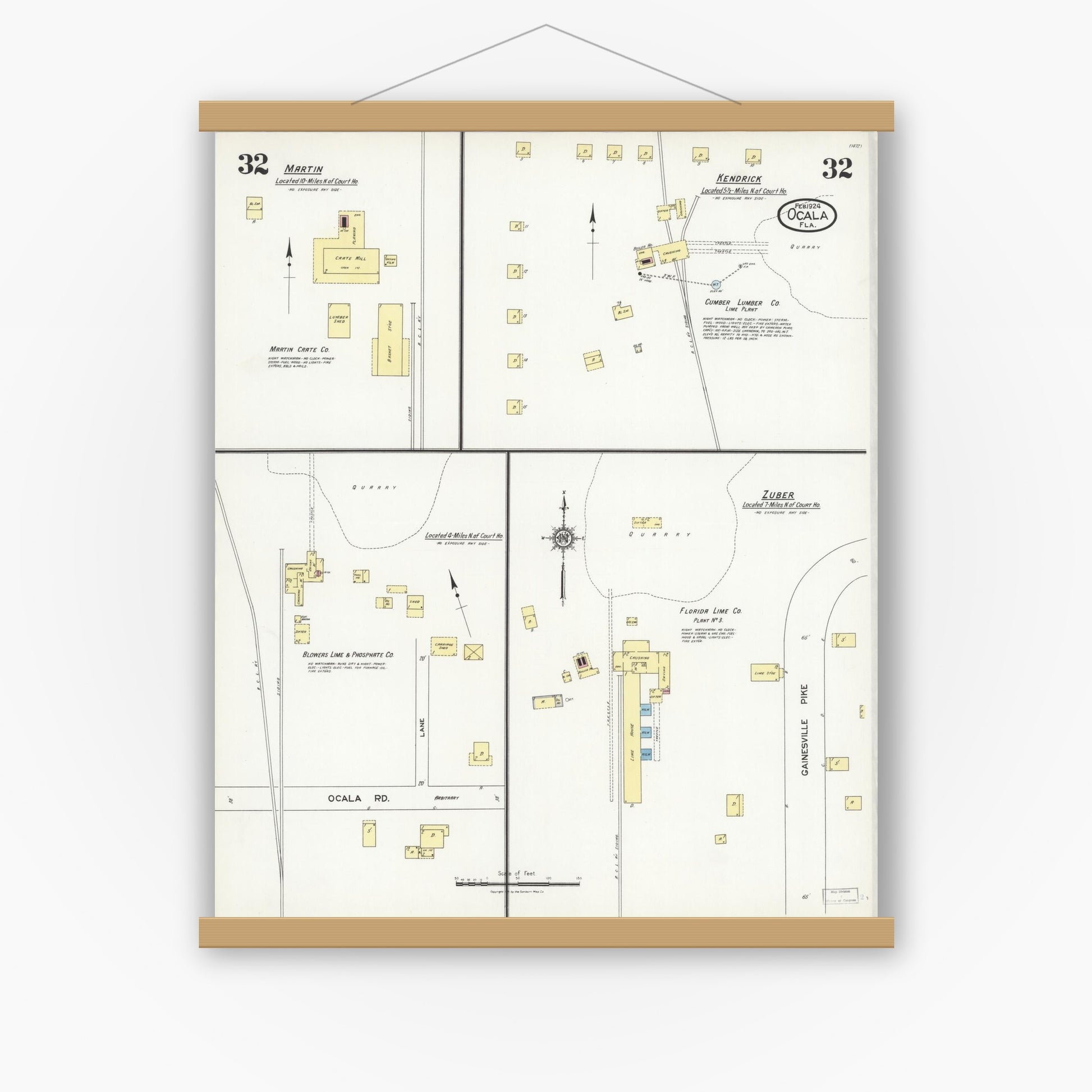 Old map wall art mockup — magnetic wood frame on white wall — Sanborn Fire Insurance Map from Ocala, Marion County, Florida (1924), Sheet #0032