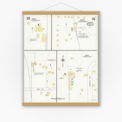 Old map wall art mockup — magnetic wood frame on white wall — Sanborn Fire Insurance Map from Ocala, Marion County, Florida (1924), Sheet #0032