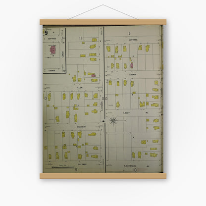 Old map wall art mockup — magnetic wood frame on white wall — Sanborn Fire Insurance Map from Jackson, Jackson County, Michigan (1907), Sheet #0009