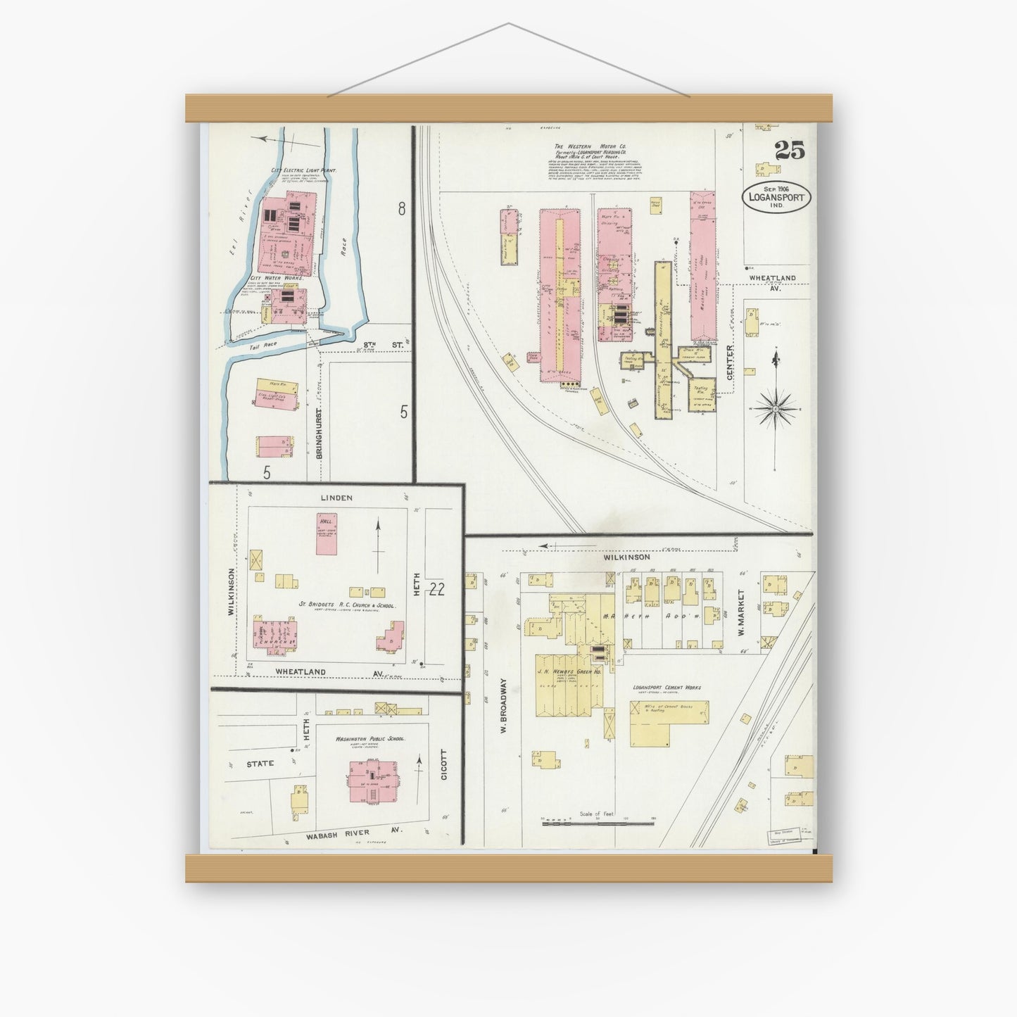 Old map wall art mockup — magnetic wood frame on white wall — Sanborn Fire Insurance Map from Logansport, Cass County, Indiana (1906), Sheet #0025
