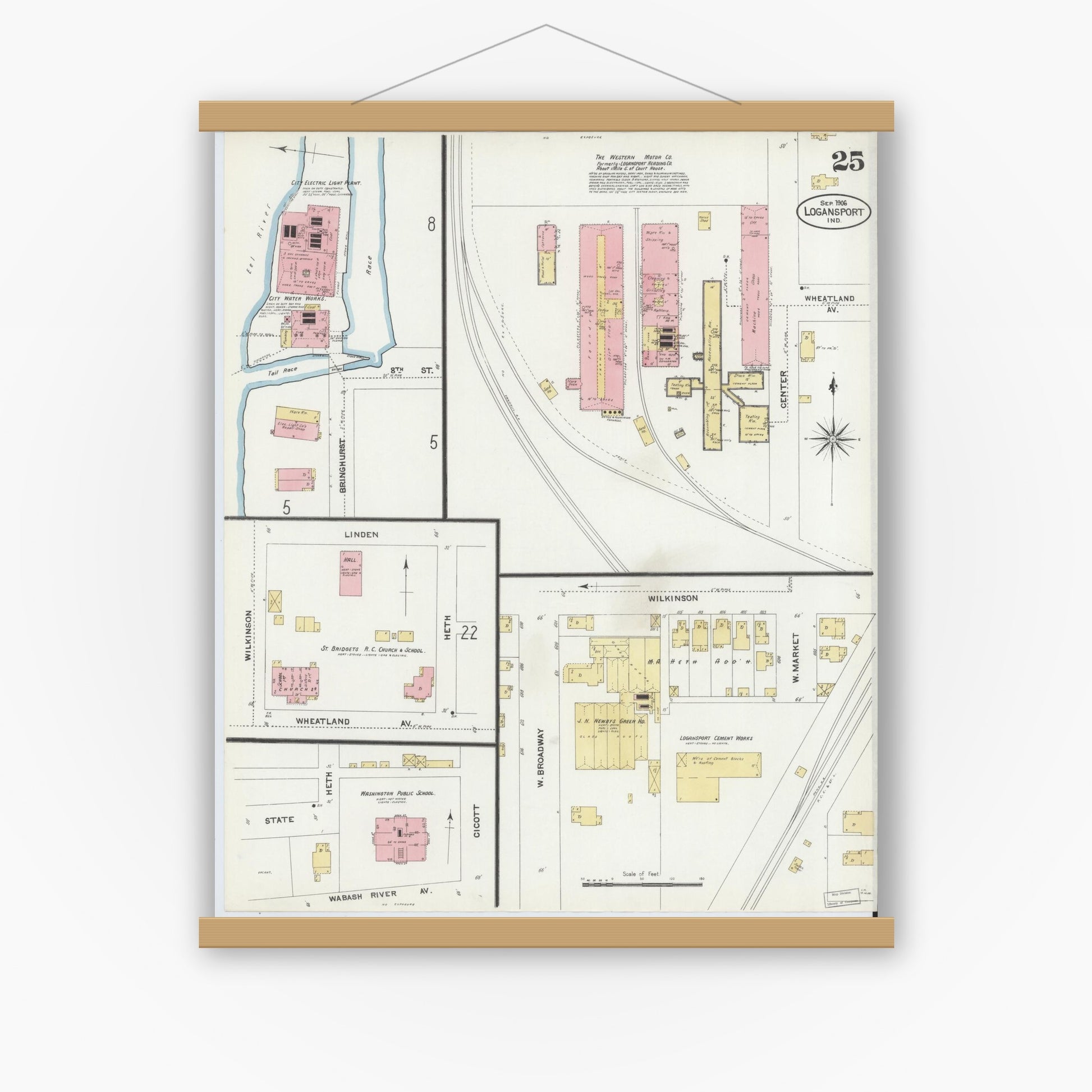Old map wall art mockup — magnetic wood frame on white wall — Sanborn Fire Insurance Map from Logansport, Cass County, Indiana (1906), Sheet #0025