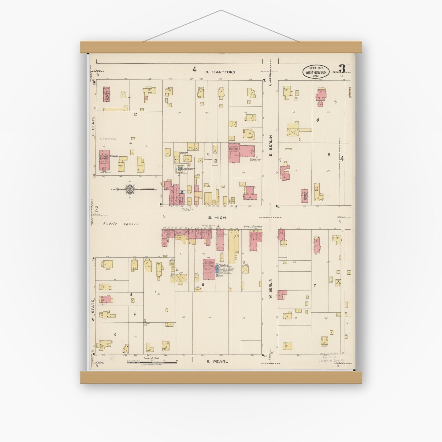 Old map wall art mockup — magnetic wood frame on white wall — Sanborn Fire Insurance Map from Worthington, Franklin County, Ohio (1922), Sheet #0003