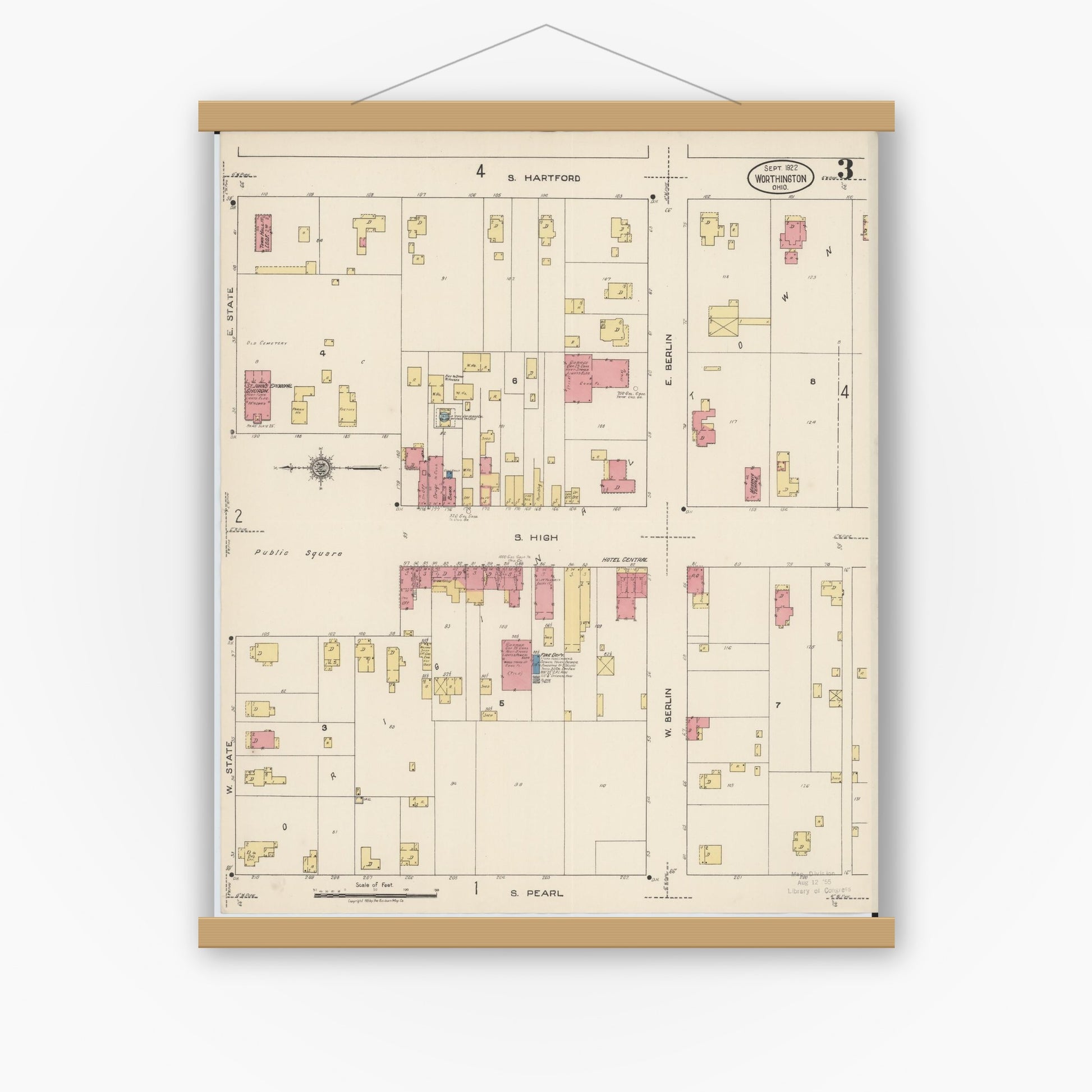 Old map wall art mockup — magnetic wood frame on white wall — Sanborn Fire Insurance Map from Worthington, Franklin County, Ohio (1922), Sheet #0003