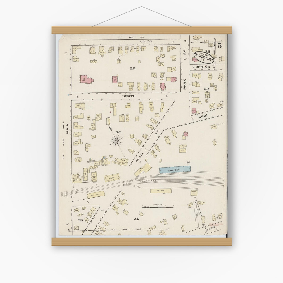 Old map wall art mockup — magnetic wood frame on white wall — Sanborn Fire Insurance Map from Brockport, Monroe County, New York (1885), Sheet #0005