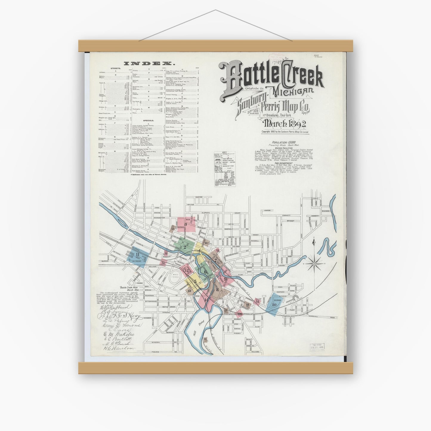 Old map wall art mockup — magnetic wood frame on white wall — Sanborn Fire Insurance Map from Battle Creek, Calhoun County, Michigan (1892) - Complete Map Set