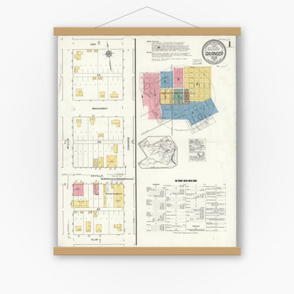 Old map wall art mockup — magnetic wood frame on white wall — Sanborn Fire Insurance Map from Granger, Williamson County, Texas (1921) - Complete Map Set