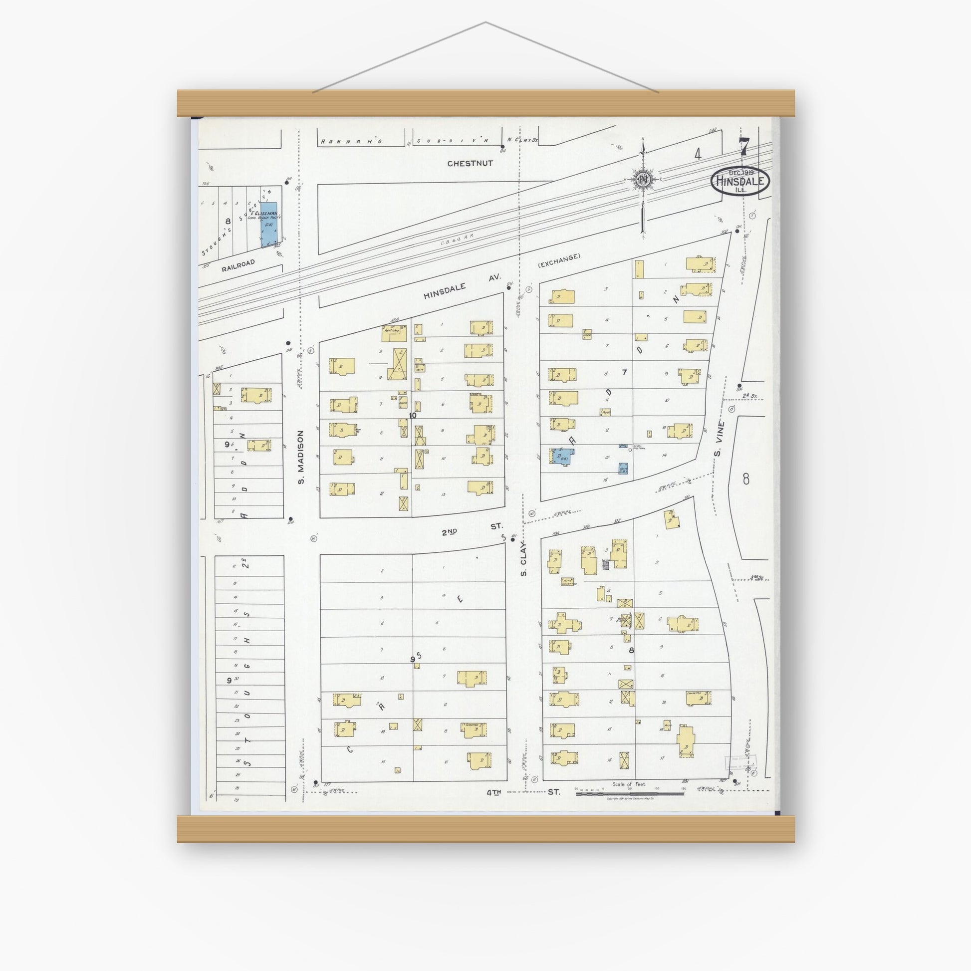 Old map wall art mockup — magnetic wood frame on white wall — Sanborn Fire Insurance Map from Hinsdale, Du Page And Cook Counties, Illinois (1919), Sheet #0007
