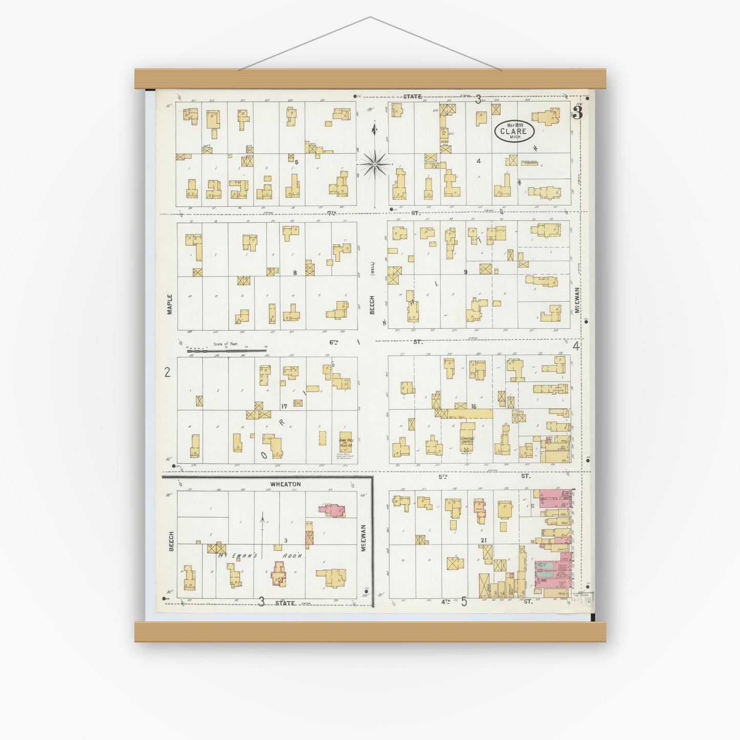 Old map wall art mockup — magnetic wood frame on white wall — Sanborn Fire Insurance Map from Clare, Clare County, Michigan (1899), Sheet #0003