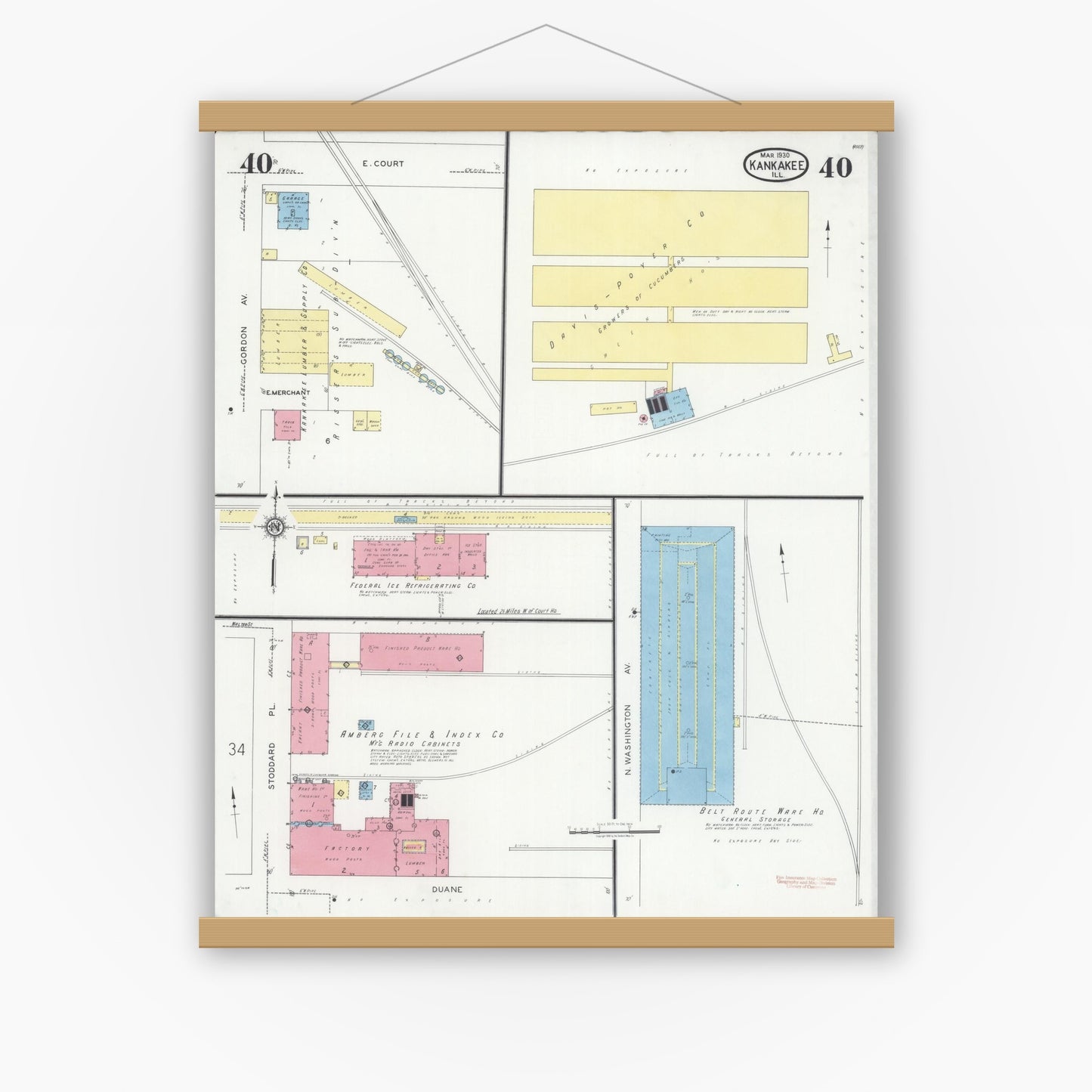 Old map wall art mockup — magnetic wood frame on white wall — Sanborn Fire Insurance Map from Kankakee, Kankakee County, Illinois (1930), Sheet #0040
