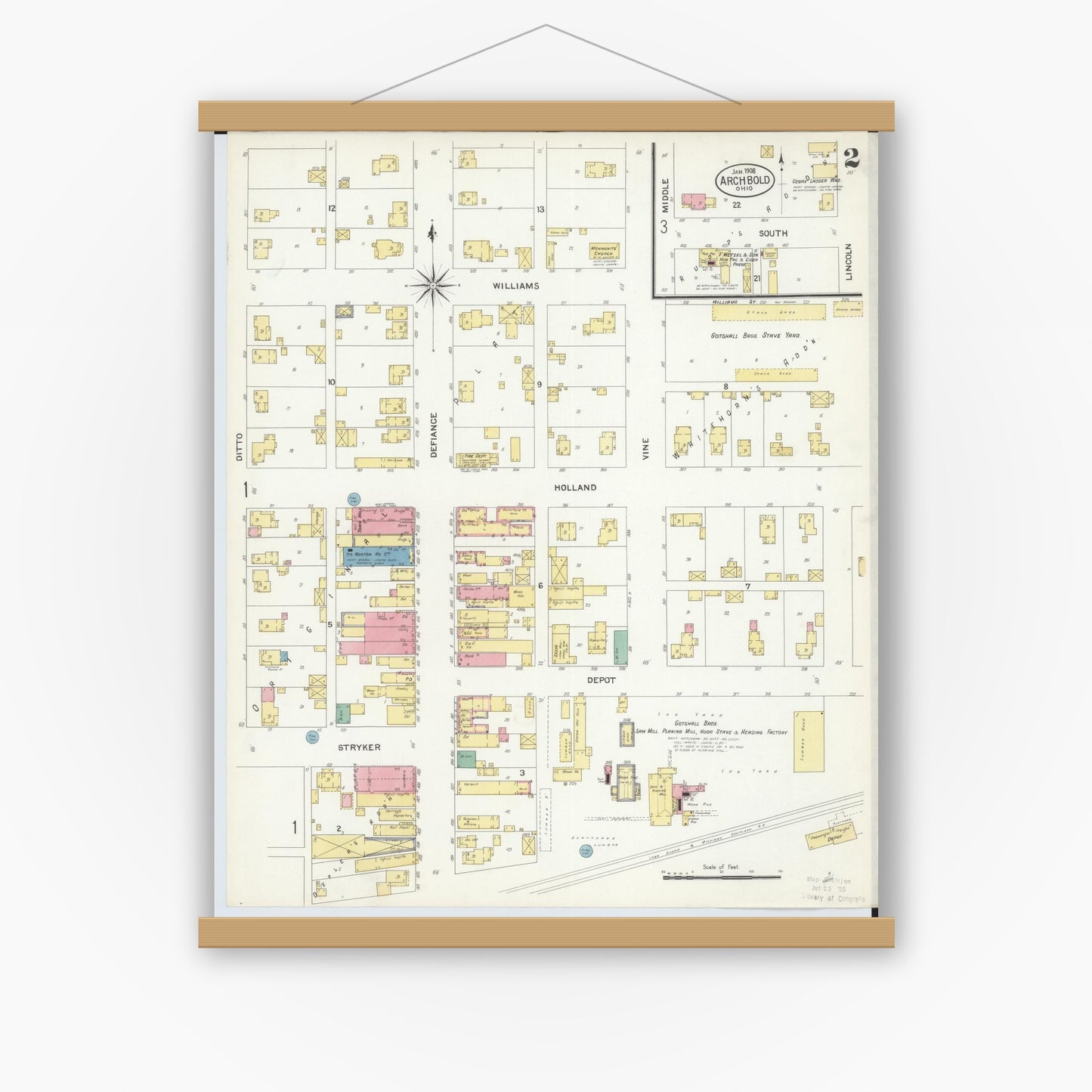 Old map wall art mockup — magnetic wood frame on white wall — Sanborn Fire Insurance Map from Archbold, Fulton County, Ohio (1908), Sheet #0002