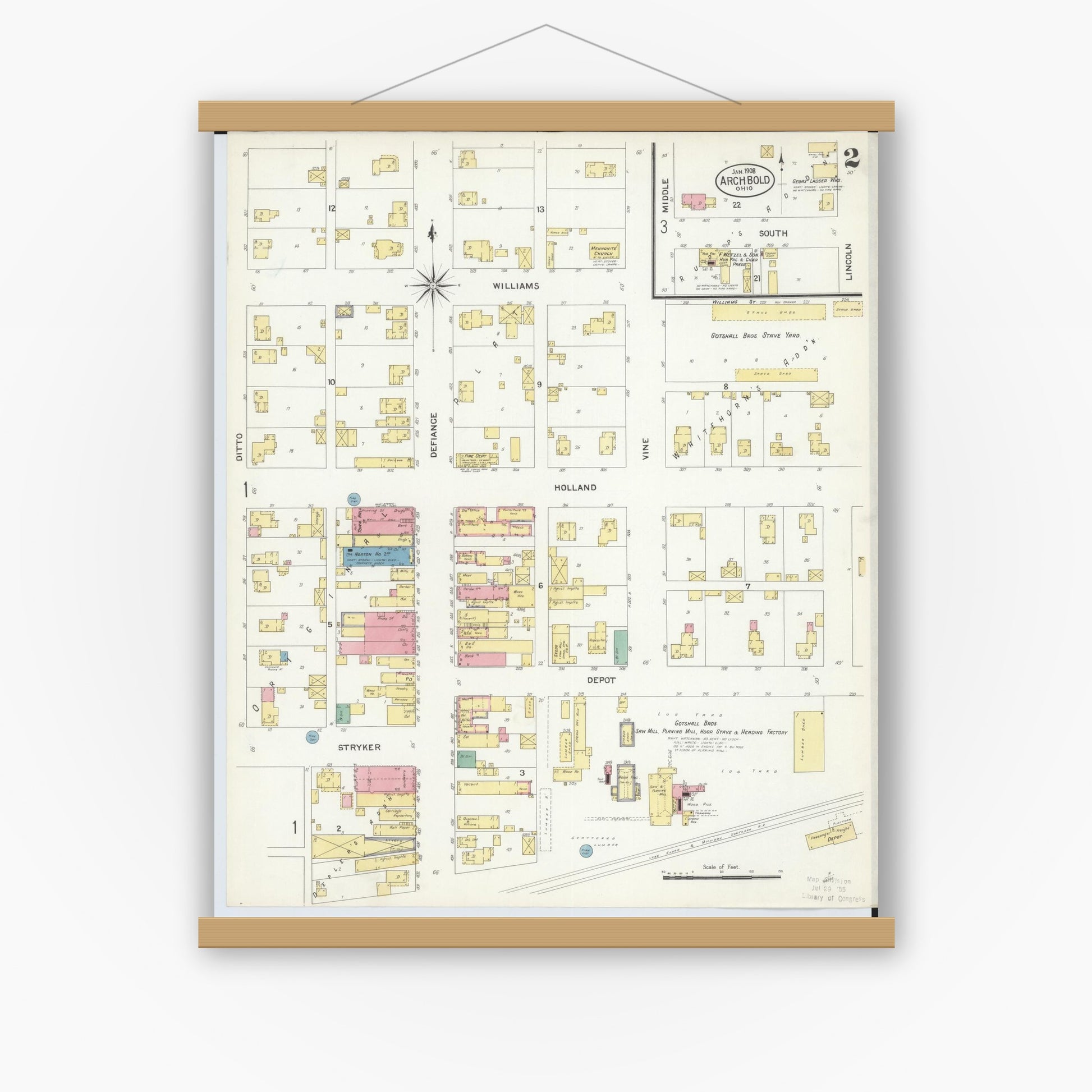 Old map wall art mockup — magnetic wood frame on white wall — Sanborn Fire Insurance Map from Archbold, Fulton County, Ohio (1908), Sheet #0002