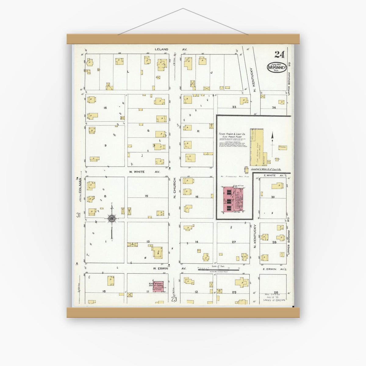 Old map wall art mockup — magnetic wood frame on white wall — Sanborn Fire Insurance Map from McKinney, Collin County, Texas (1920), Sheet #0024
