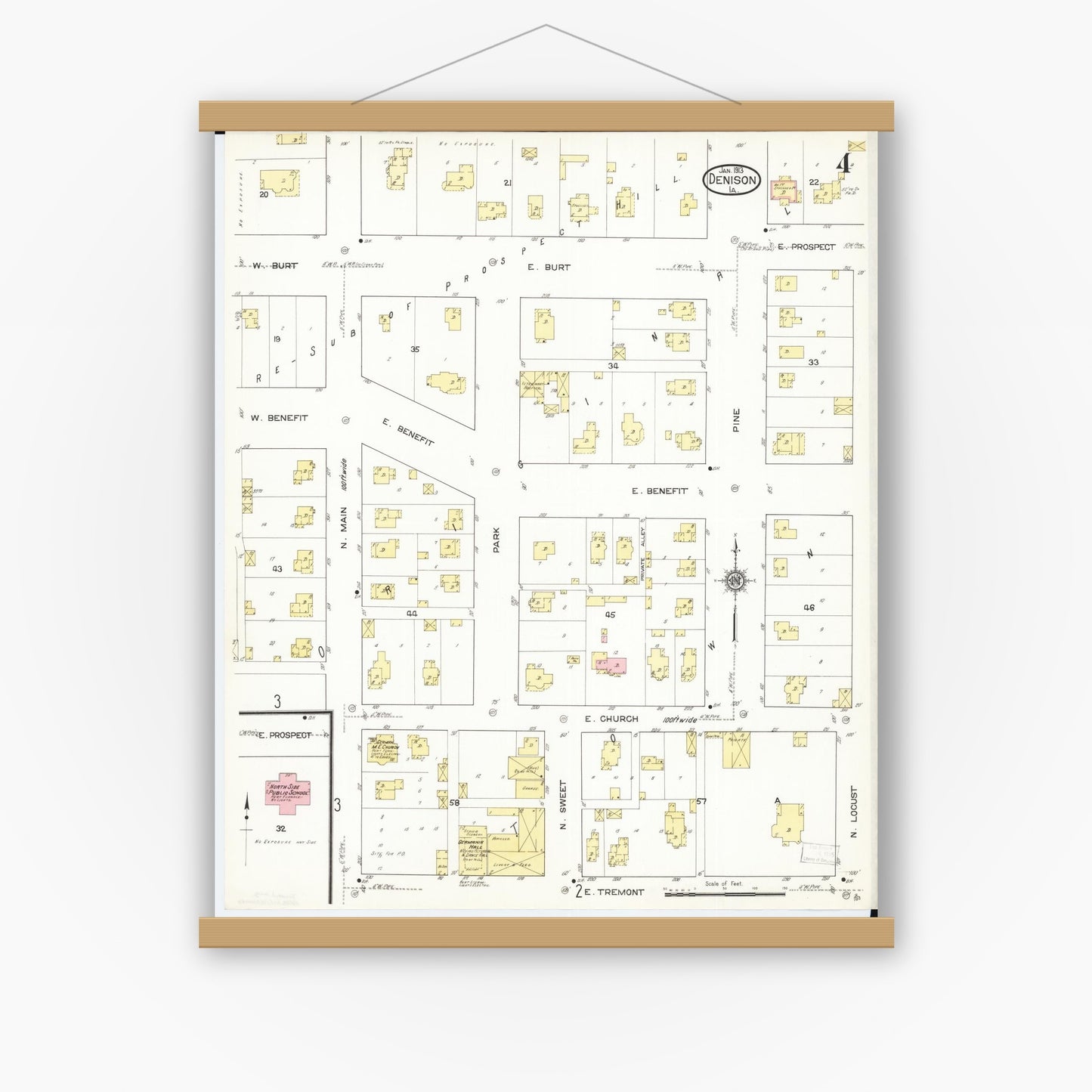 Old map wall art mockup — magnetic wood frame on white wall — Sanborn Fire Insurance Map from Denison, Crawford County, Iowa (1913), Sheet #0004