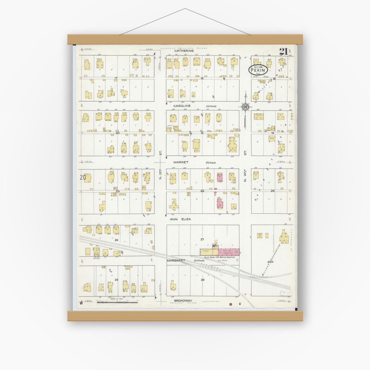 Old map wall art mockup — magnetic wood frame on white wall — Sanborn Fire Insurance Map from Pekin, Tazewell County, Illinois (1916), Sheet #0021