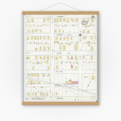 Old map wall art mockup — magnetic wood frame on white wall — Sanborn Fire Insurance Map from Pekin, Tazewell County, Illinois (1916), Sheet #0021