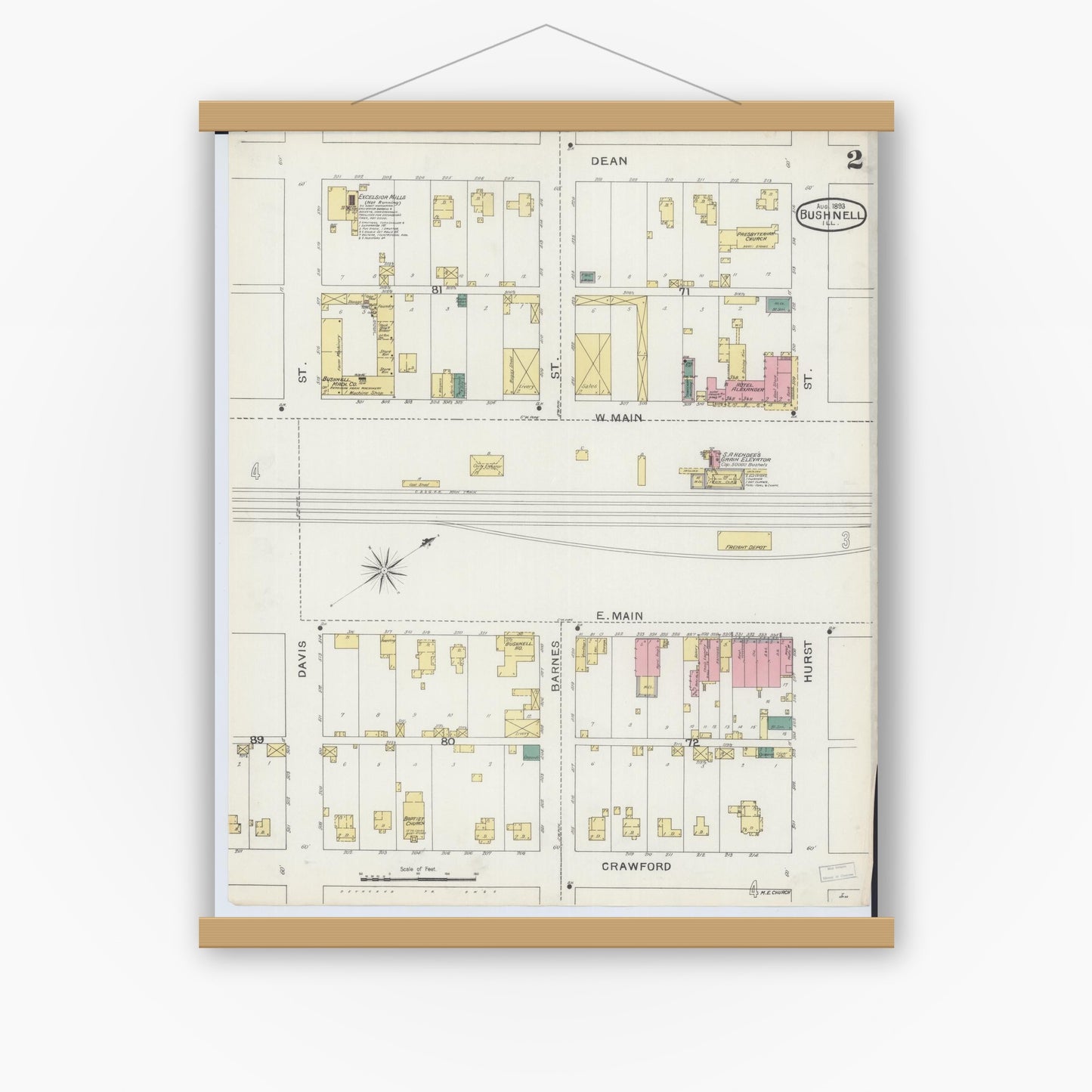 Old map wall art mockup — magnetic wood frame on white wall — Sanborn Fire Insurance Map from Bushnell, Mcdonough County, Illinois (1893), Sheet #0002
