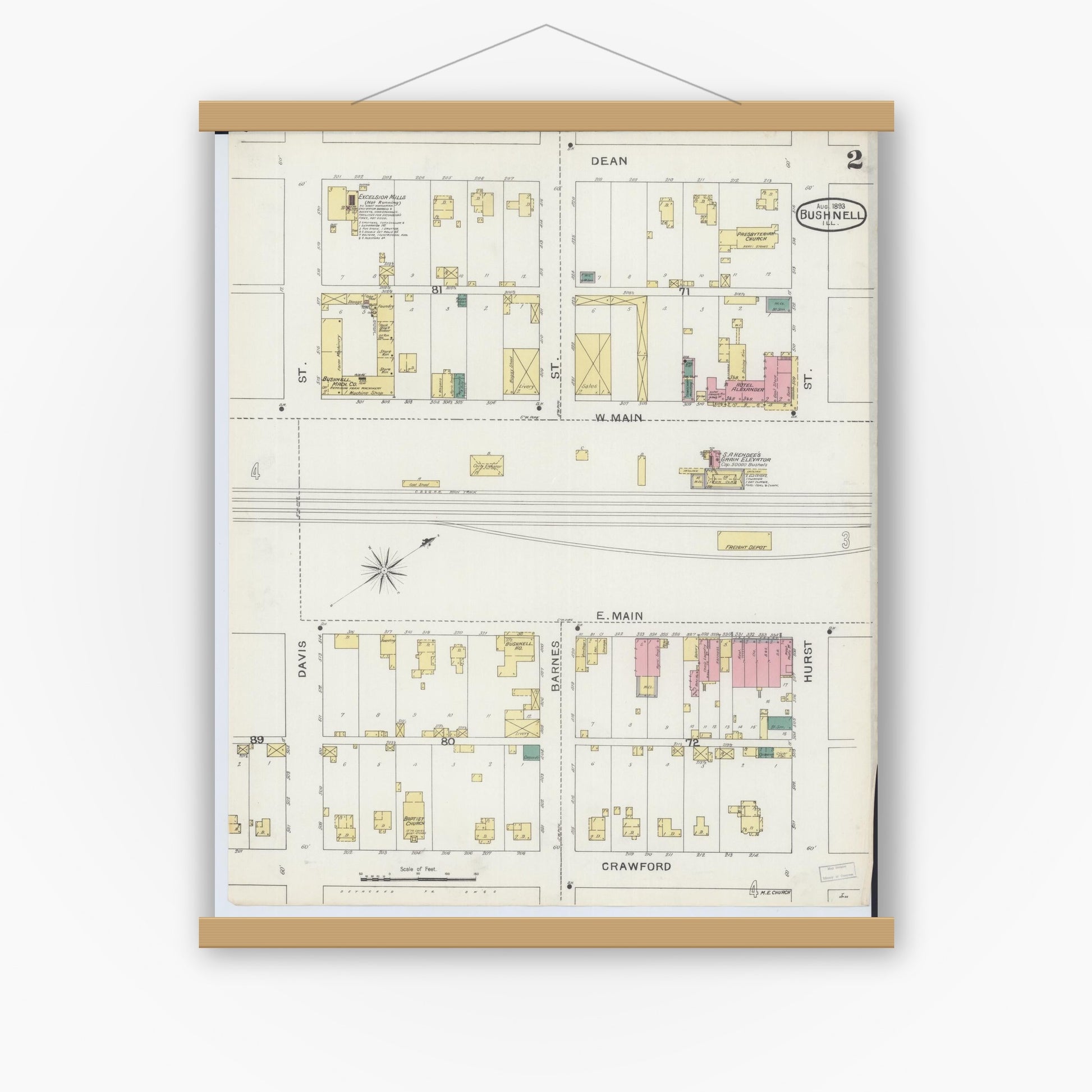 Old map wall art mockup — magnetic wood frame on white wall — Sanborn Fire Insurance Map from Bushnell, Mcdonough County, Illinois (1893), Sheet #0002